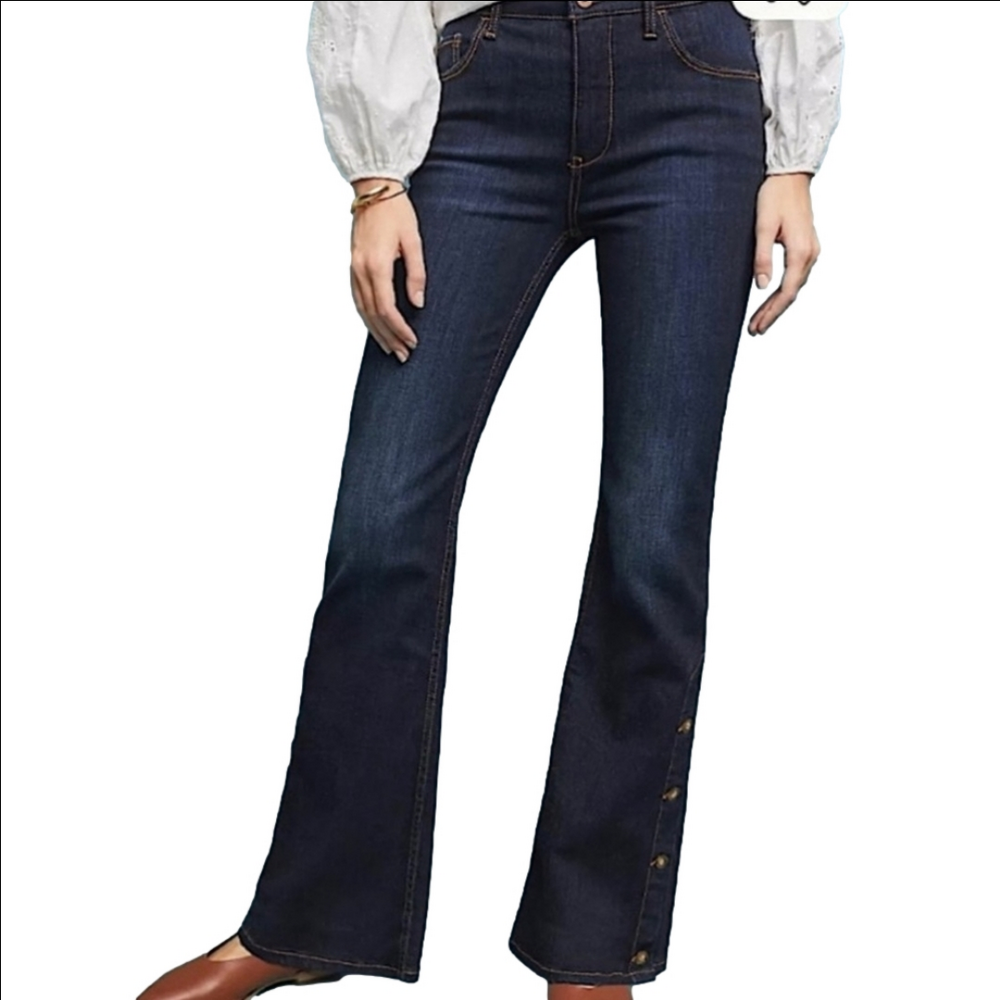 PILCRO BY ANTHROPOLOGY DARK WASH DENIM HIGH RISE BOOTCUT JEANS WITH SIDE BUTTONS